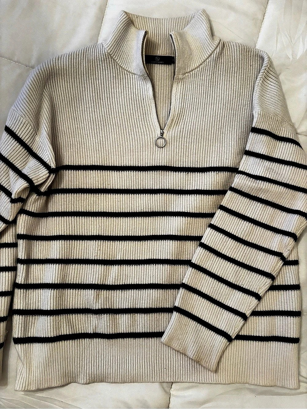 LILLUSORY Quarter Zip Striped Oversized Sweater in Cream & Black